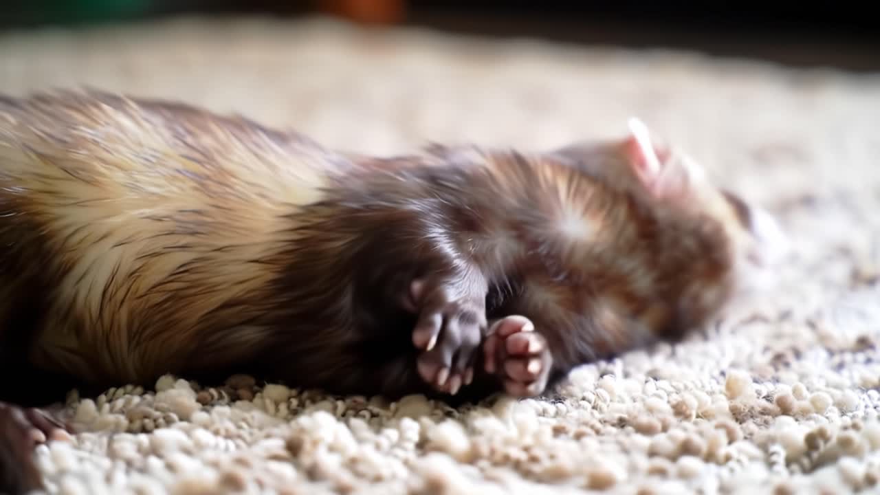 A playful ferret moves around on a soft carpet, showing curiosity and energy in a warm living room setting. The adorable pet enjoys its surroundings and engages with its environment.