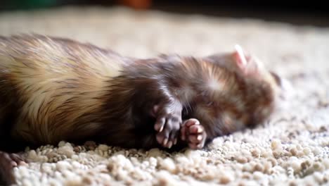 a playful ferret moves around on a soft carpet, showing curiosity and energy in a warm living room setting. the adorable pet enjoys its surroundings and engages with its environment.