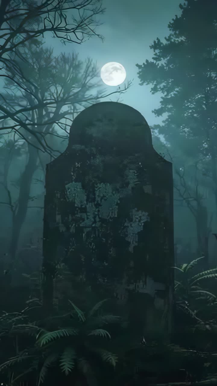 Vertical video: Camera pushing forward to mossy tombstone in misty glade, with rising full moon