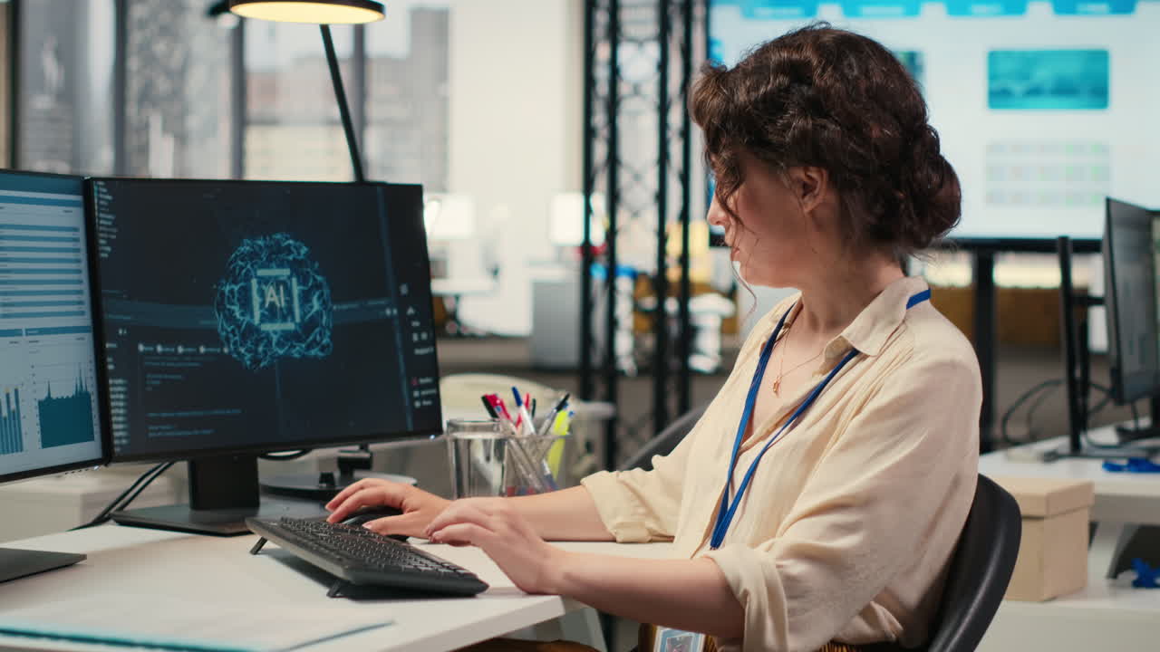 Vertical Video Woman employee using AI machine learning for efficiency recognition