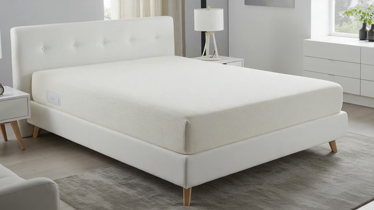 A Luxurious Minimalistic Bedroom Featuring a Comfortable White Mattress on a Sleek Bed Frame, Showcasing Modern Design Elements and Elegant Ambiance