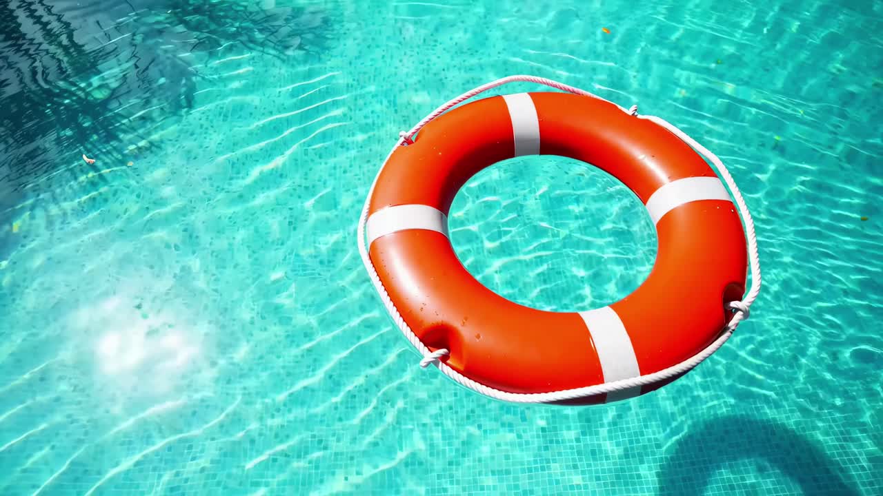 Top-down video view of a bright orange lifebuoy floating in a clear blue pool