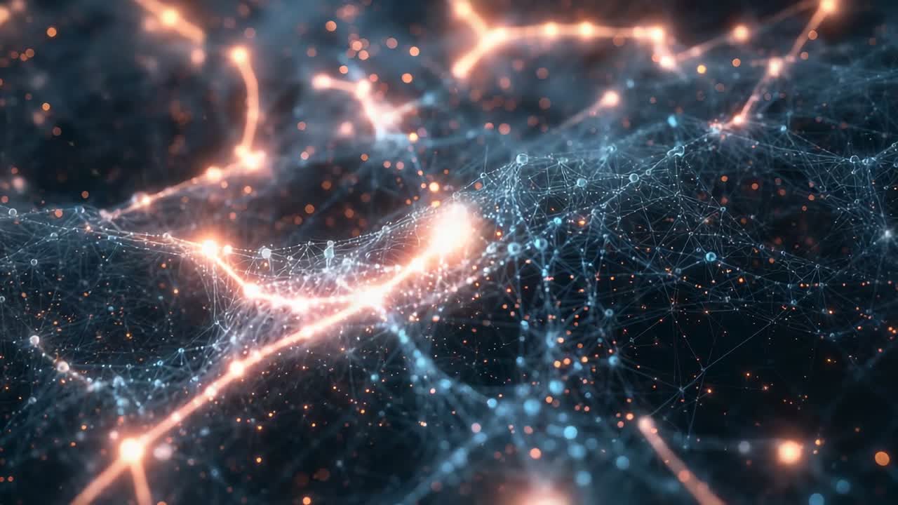 Rete blu pulsante che genera correnti arancioni attraverso una nebulosa oscura, illuminando nodi e acquisendo energia.