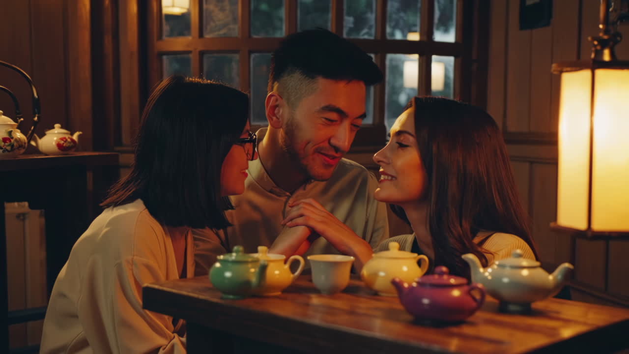 Friends Enjoying Tea in a Cozy Cafe
