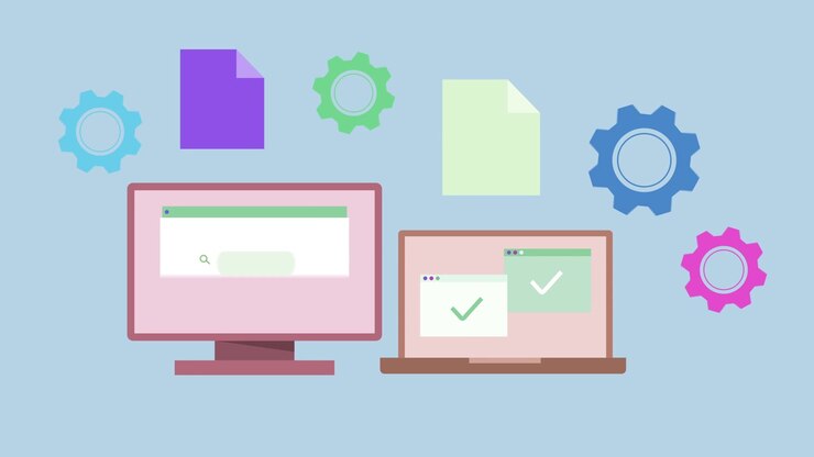 Animated Computer and Laptop with Digital Icons and Gears