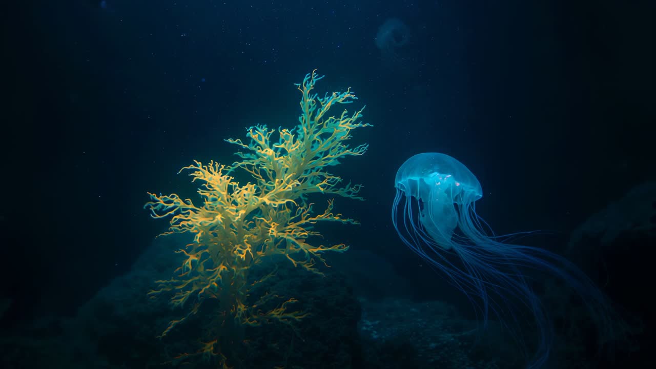 Drifting jellyfish pulsing toward left yellow seaweed on rocky seabed, current nudging movement