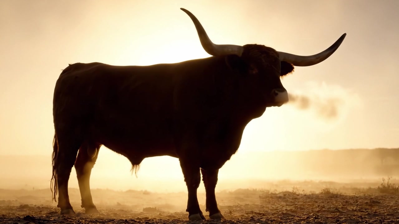 Eine majestätische Longhorn-Kuh als Silhouette vor einem goldenen Sonnenuntergang, die Stärke und Anmut in einer staubigen Landschaft ausstrahlt.
