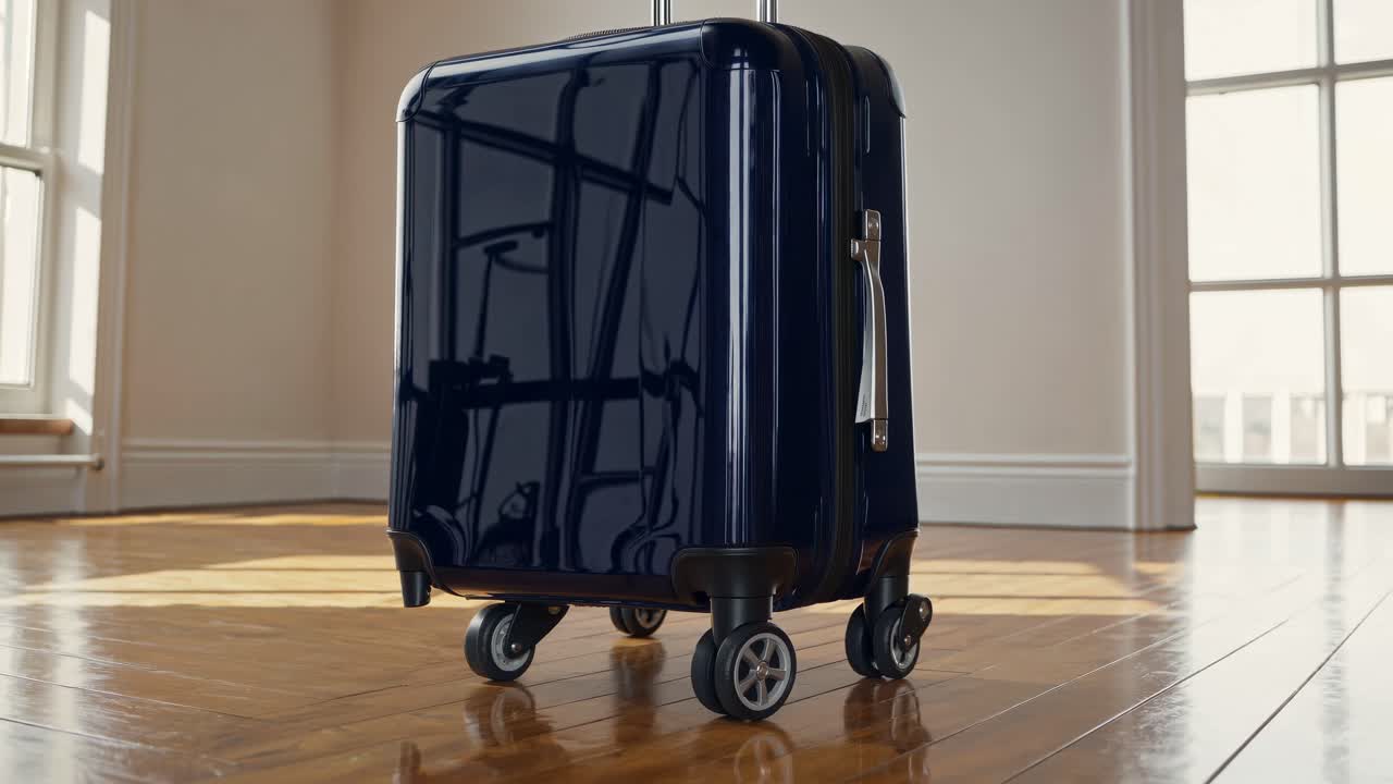 Góc chụp từ dưới lên của một chiếc vali kiểu dáng đẹp, hiện đại trên sàn gỗ, tràn ngập ánh sáng tự nhiên, hoàn hảo