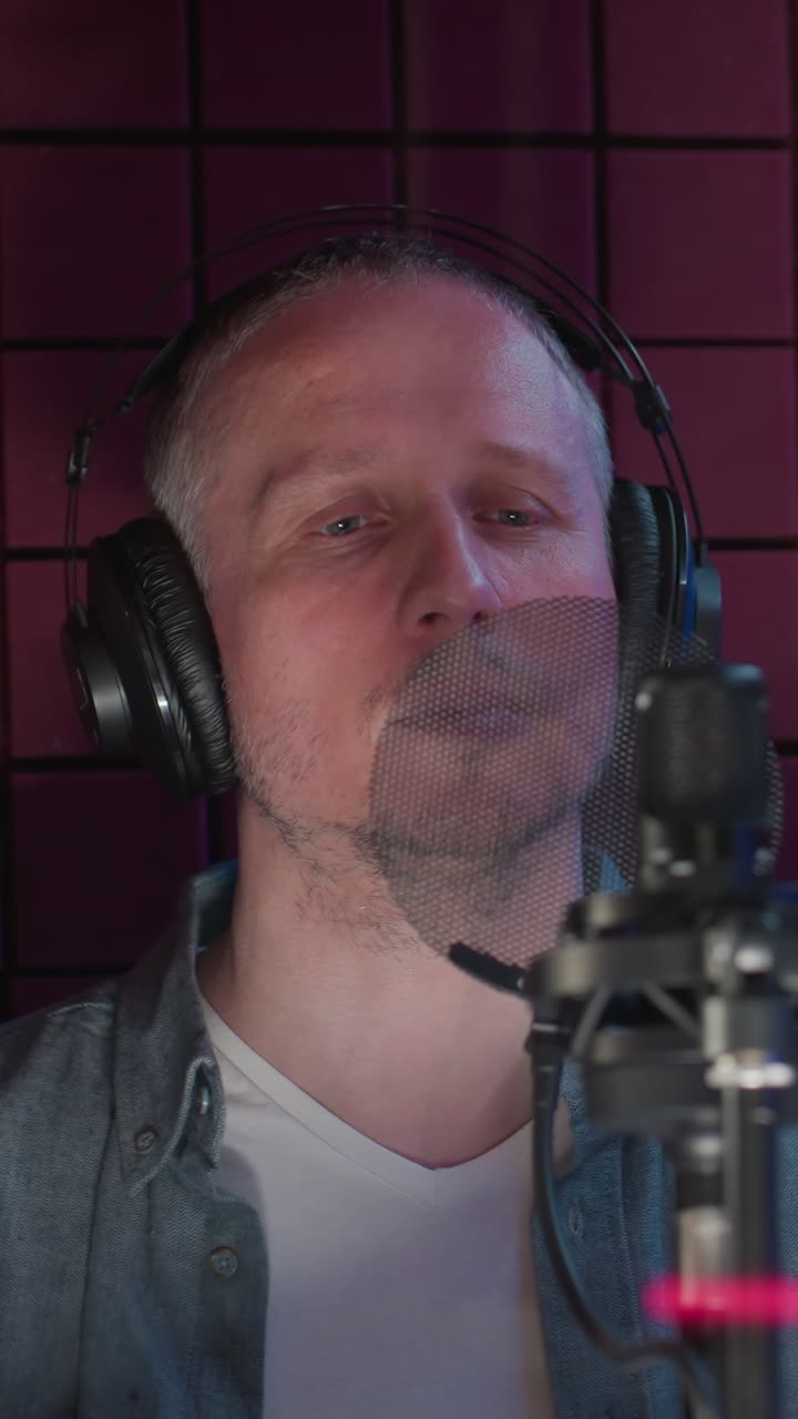 un hombre con una camisa azul y una camisa interior blanca está de pie en una habitación a prueba de sonido roja, con auriculares y cantando con un enfoque intenso. un segundo hombre, parcialmente visible con una gorra negra, observa la sesión