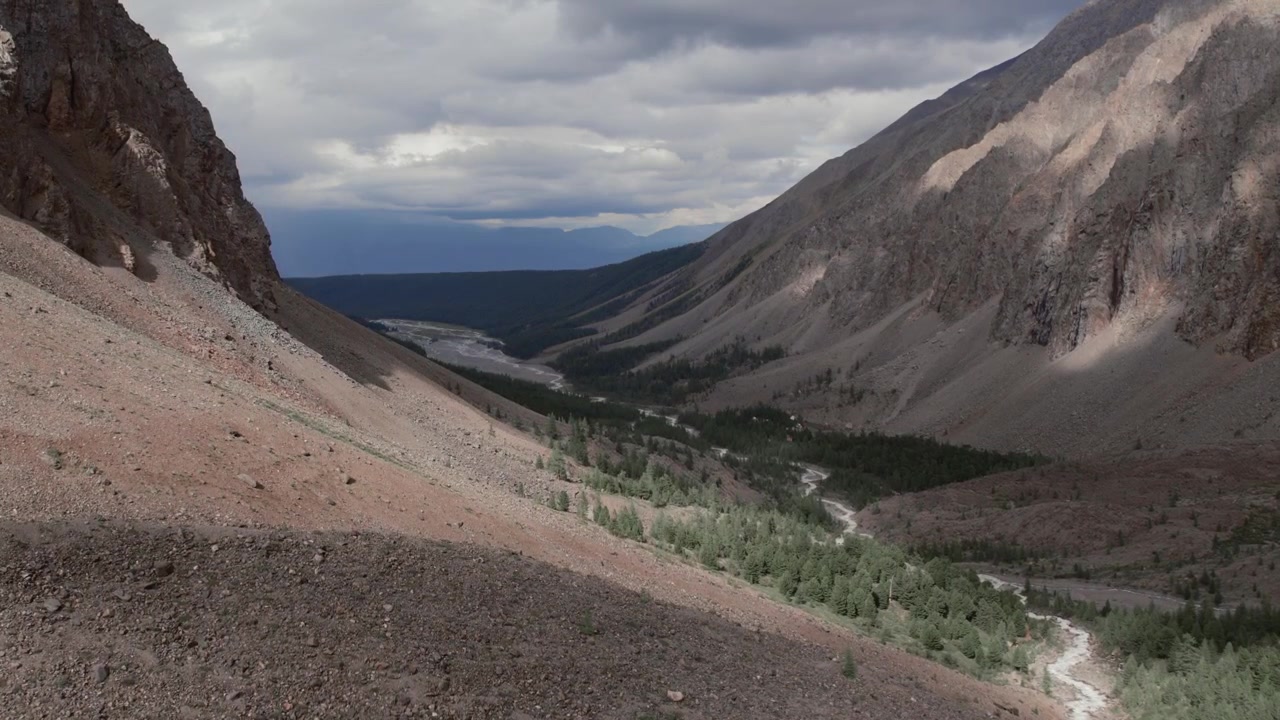 Montagne, fiume e foresta di conifere della valle di Aktru nell'Altai, Siberia, visti dall'alto