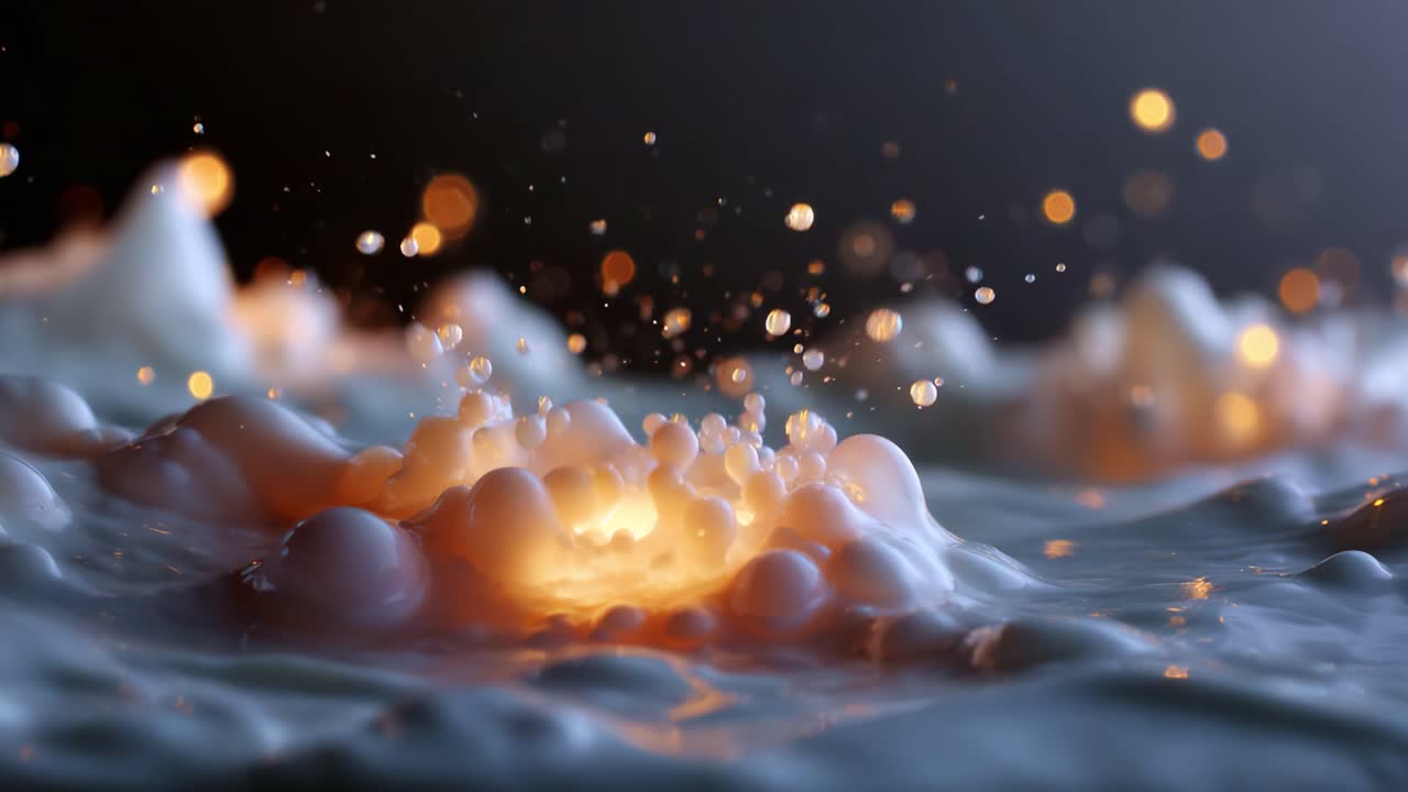 A mesmerizing sequence showcasing vibrant droplets exploding in a luminous wave, creating an enchanting display of light, color, and fluid dynamics in motion
