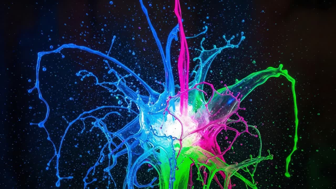 A Stunning Display of Colorful Liquid Splashes: An Explosive Artistic Moment Captured in Vibrant Blues, Pinks, and Greens Against a Dark Background