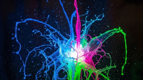 a stunning display of colorful liquid splashes: an explosive artistic moment captured in vibrant blues, pinks, and greens against a dark background