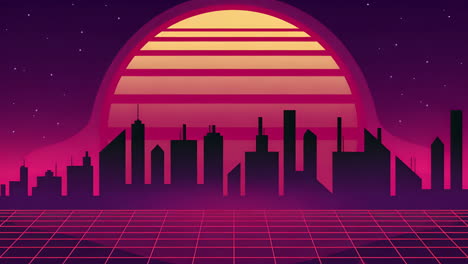 retro synthwave cityscape with neon grid and sunset