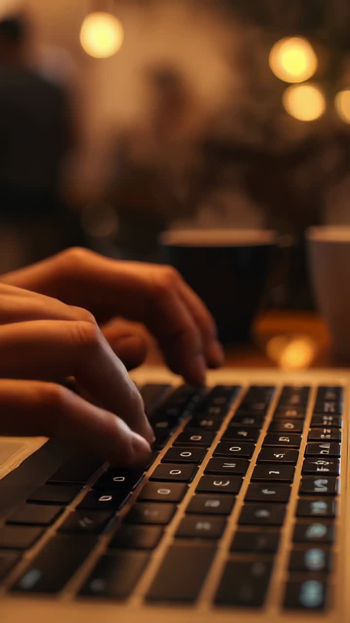 Vertical video: Typing adult hands entering code at cozy cafe table, with laptop and coffee mugs