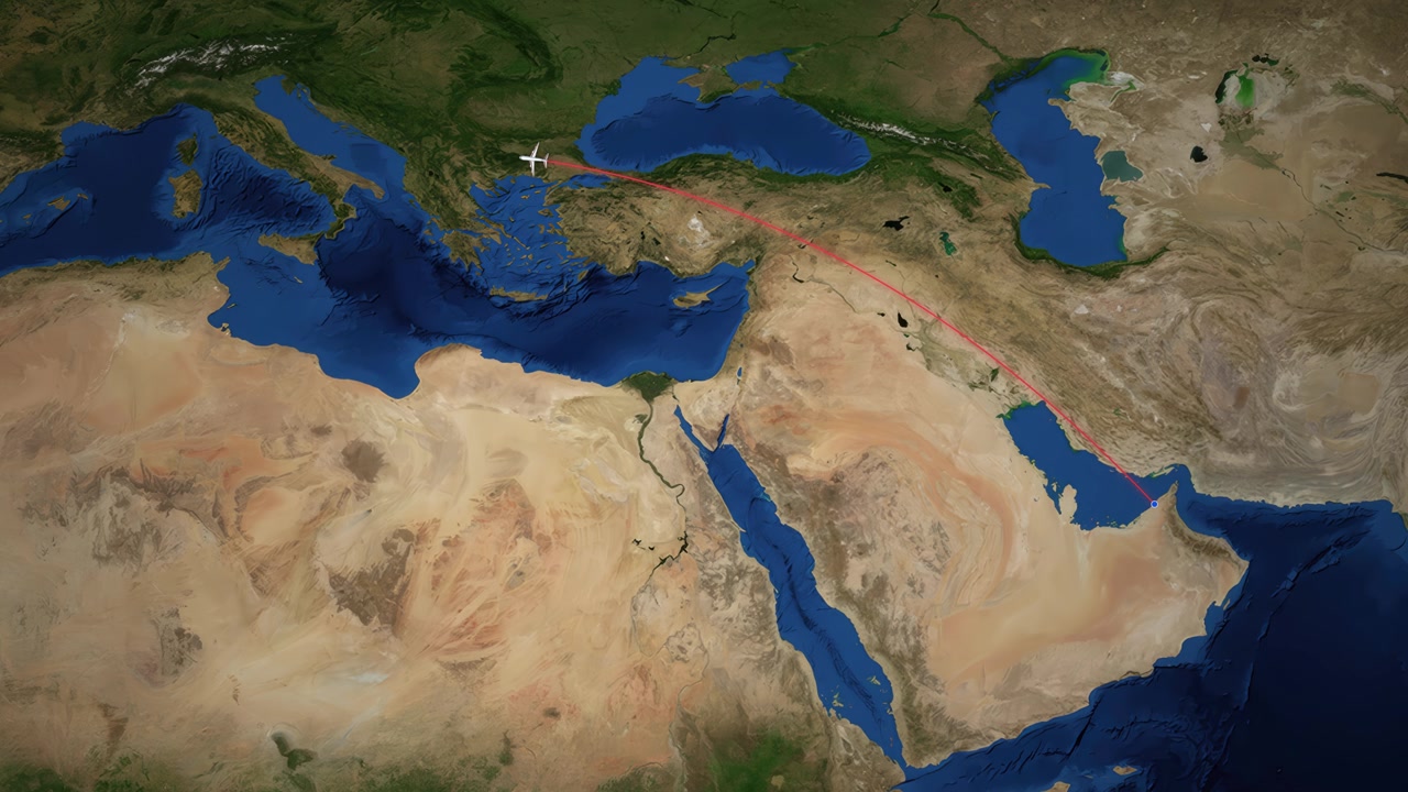 Satellite map animation tracks a plane flying from Dubai to Rome across the Middle East