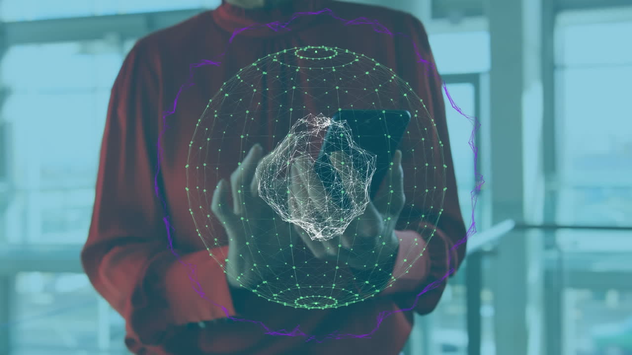 Animation of globe with connections over caucasian businesswoman using smartphone