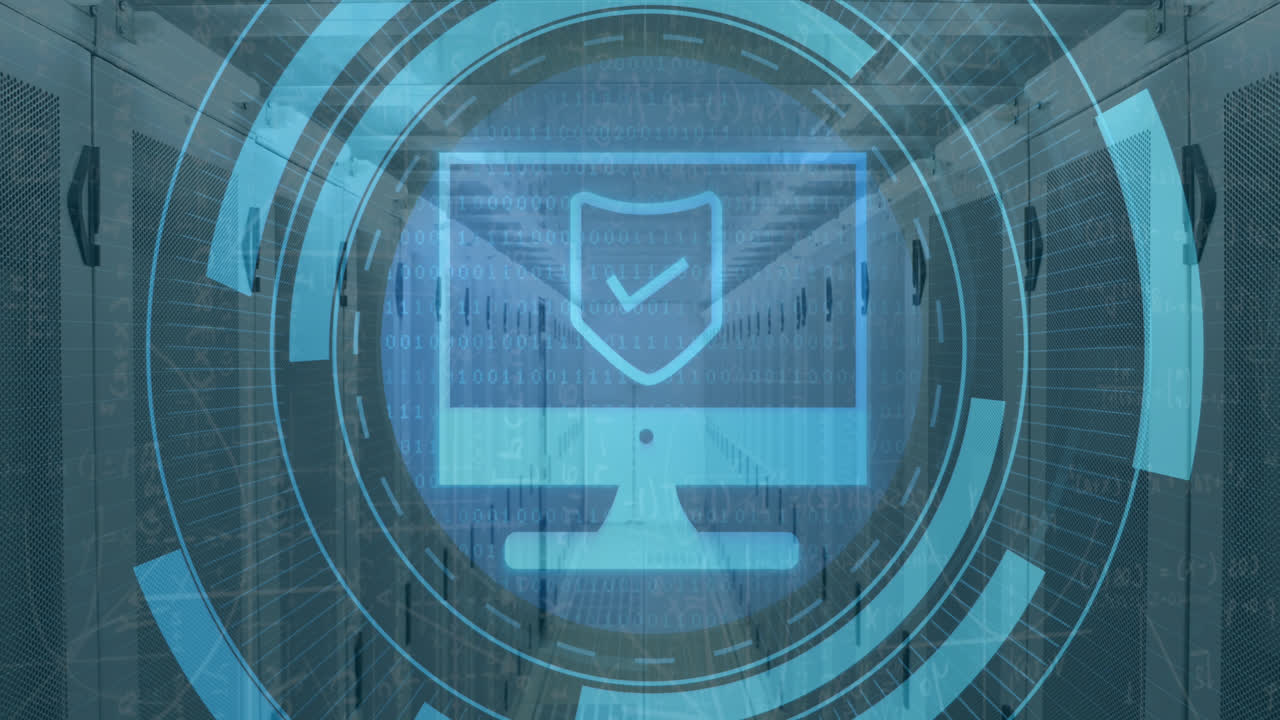 Animation of computer icon and data processing over server room