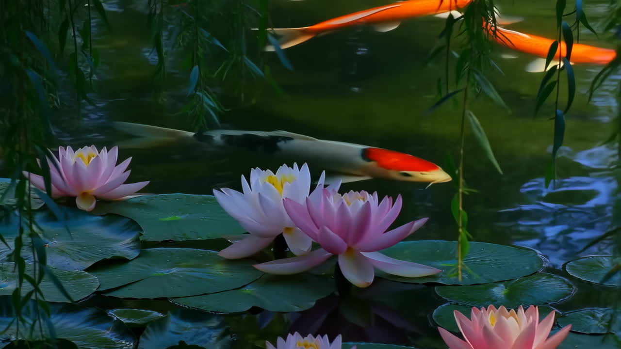 Koi Fish and Water Lilies in a Serene Pond