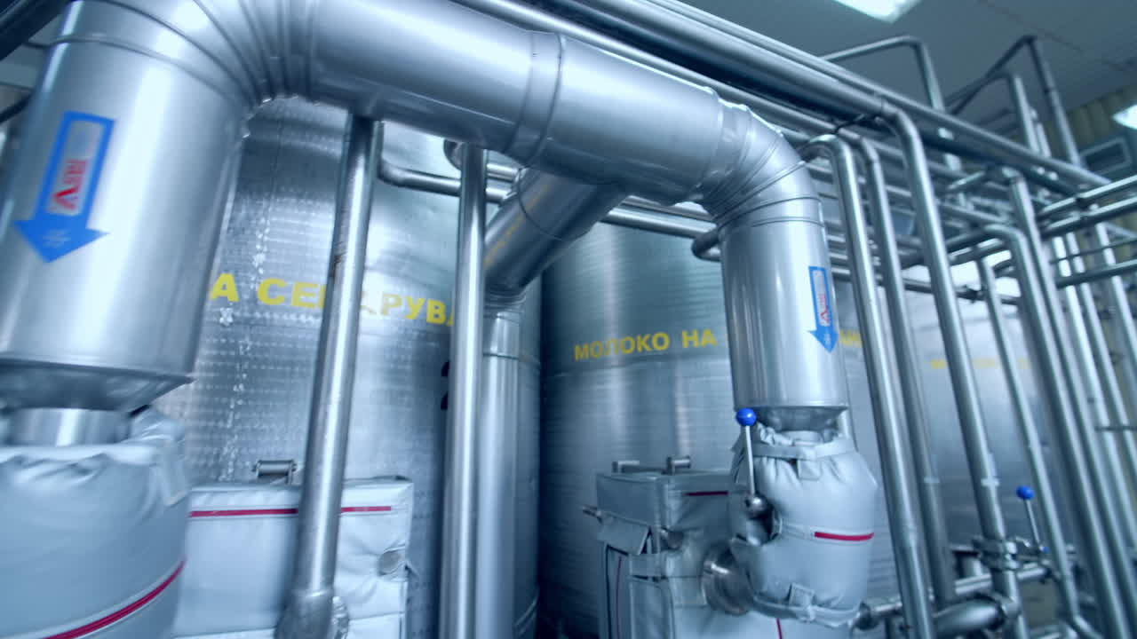 Interior of dairy factory with fermentation tank. Technology equipment at dairy farm. Sterile production