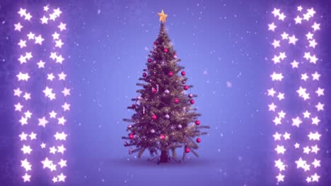 Christmas-tree-and-strings-of-fairy-lights-on-red-background