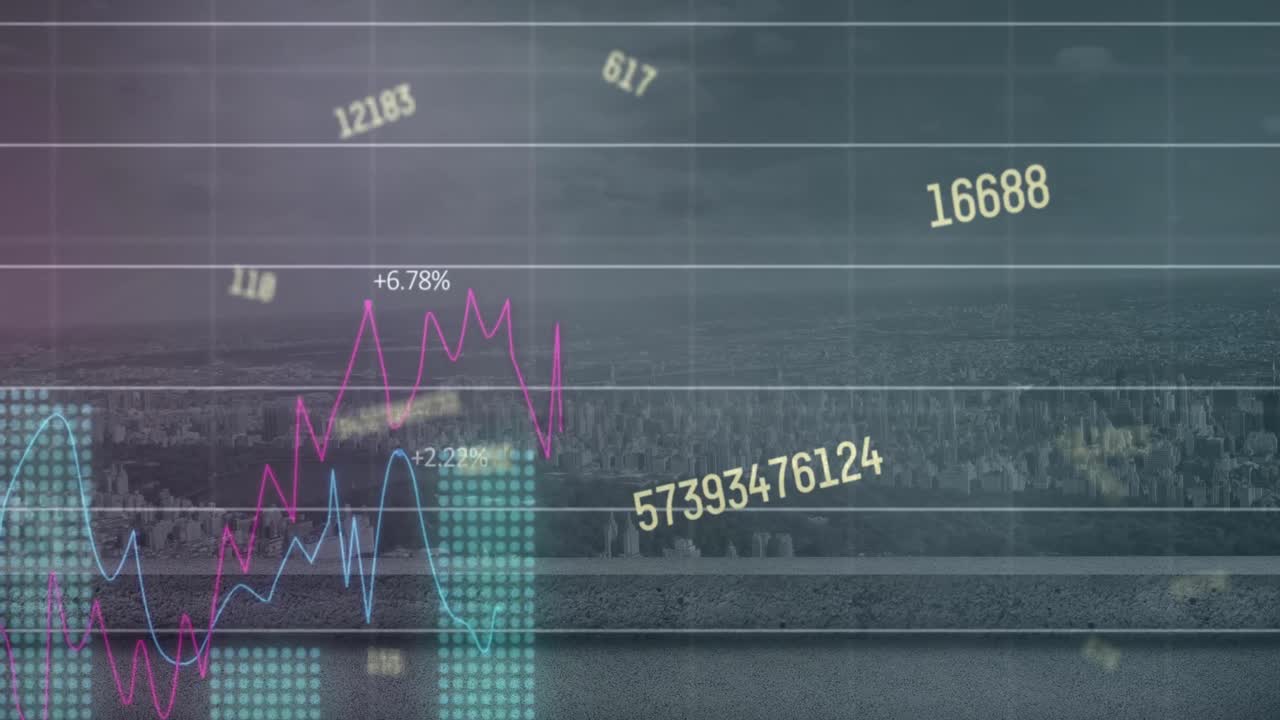 도시 풍경의 공중 전망에 대한 변화하는 숫자의 애니메이션과 통계 데이터 처리