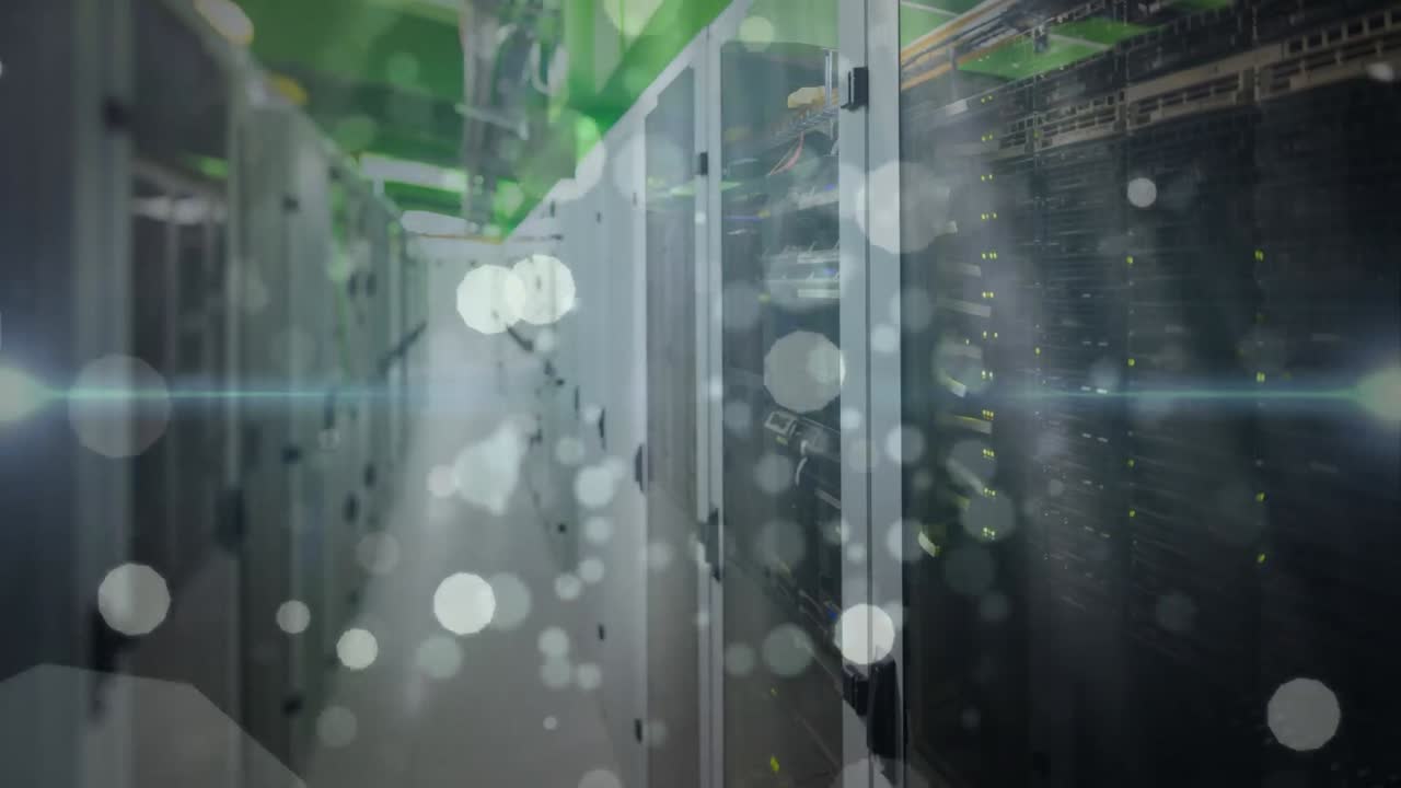 Animation of lights and dots floating over servers
