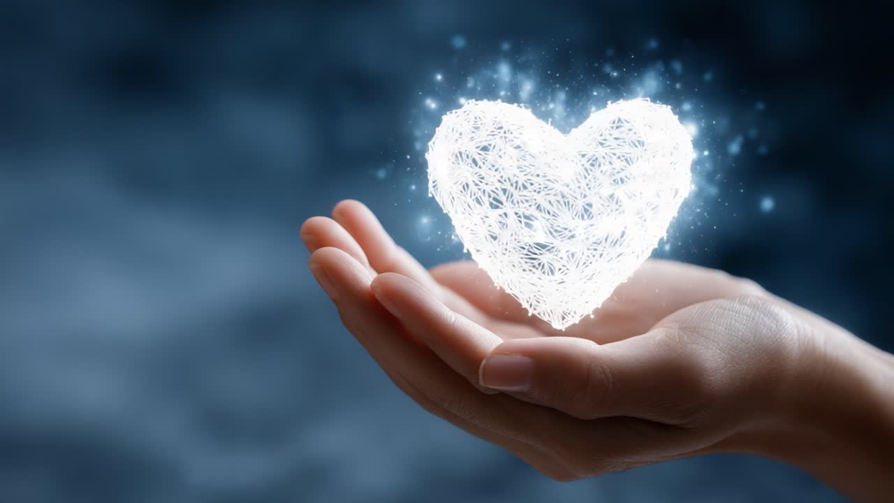 A Mysterious Heart Formed from Light and Energy, Cradled in an Open Hand, Symbolizing Love, Care, and Connection in a Dreamy, Ethereal Atmosphere