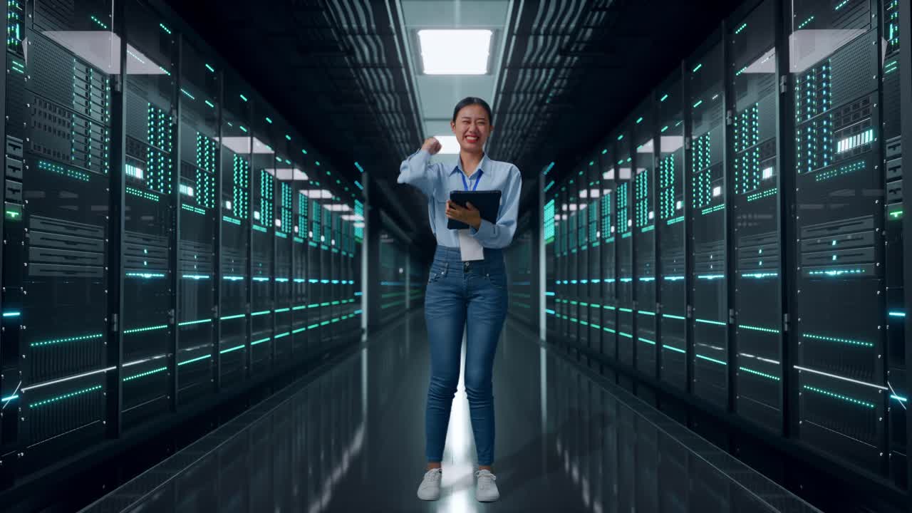 Donna asiatica a figura intera con il suo tablet in una sala server di un data center, alza il pugno con un grido di vittoria dopo aver digitato sul tablet.