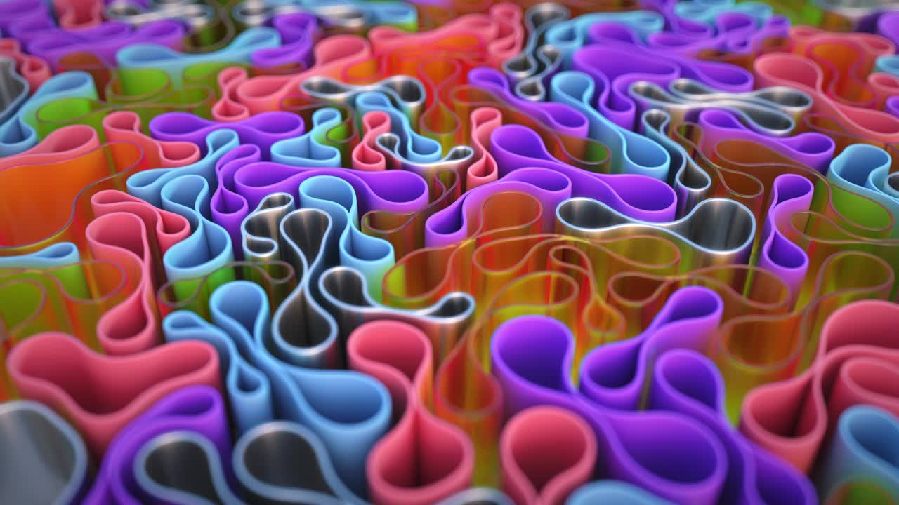 Multicolored 3D animation composition. Soft cylindrical tubes are drawn to the center, deformed when moving