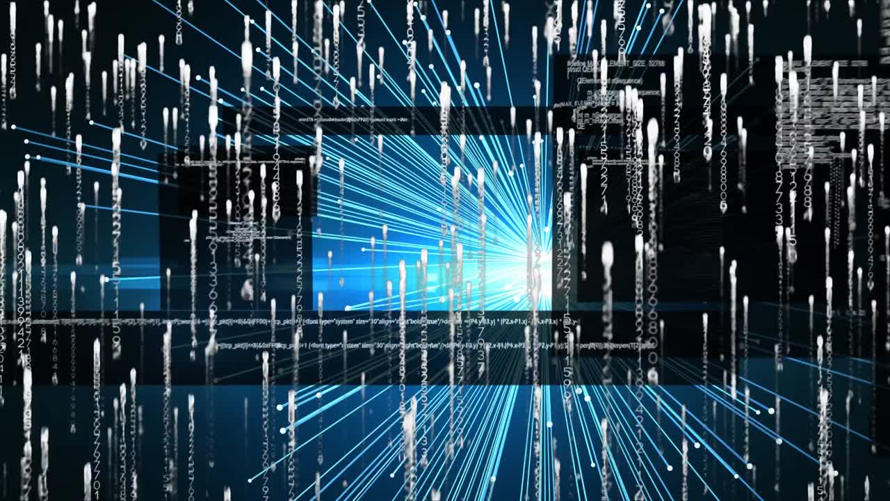 Animation of information and data processing with falling light trails and blue laser beams on black