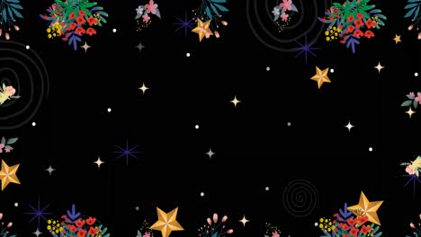 Animation-of-white-and-golden-stars-with-flowers-on-black-background