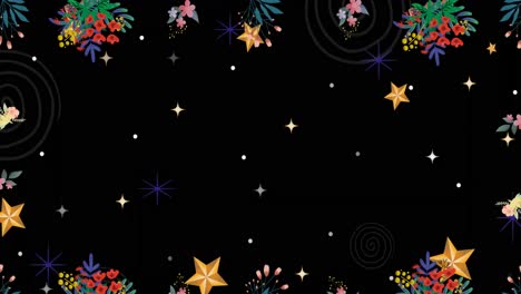 animación de estrellas blancas y doradas con flores sobre fondo negro