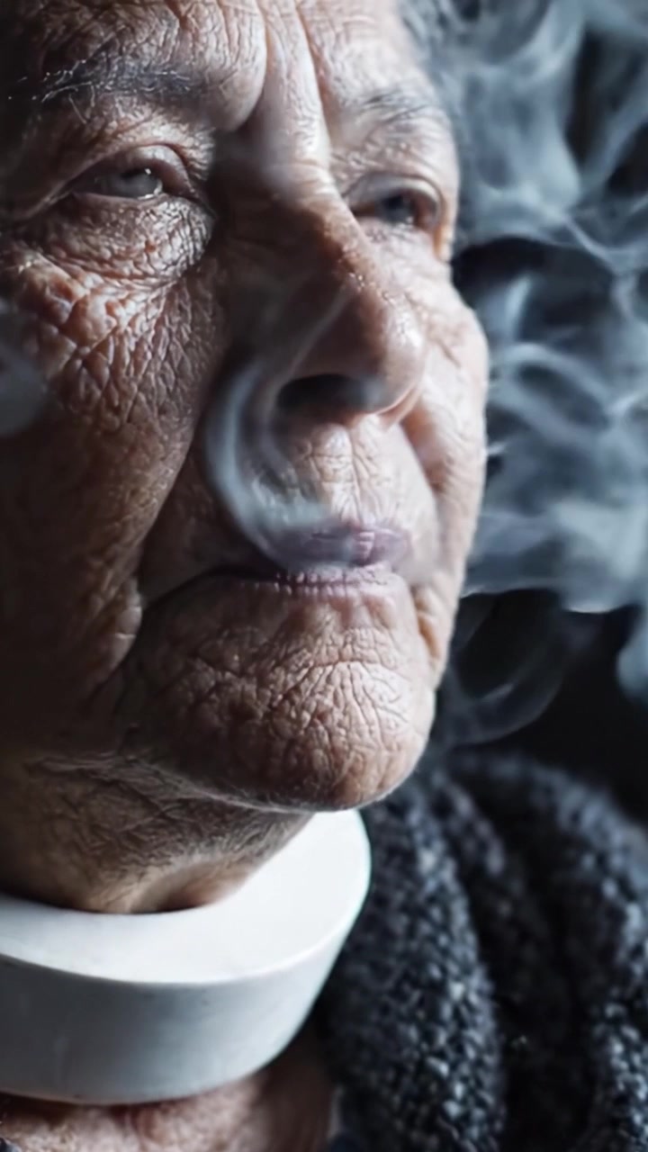 Un ritratto di resilienza: che cattura la tenacia e la grazia del volto di una donna anziana con rughe profonde e tratti espressivi che simboleggiano una vita ben vissuta