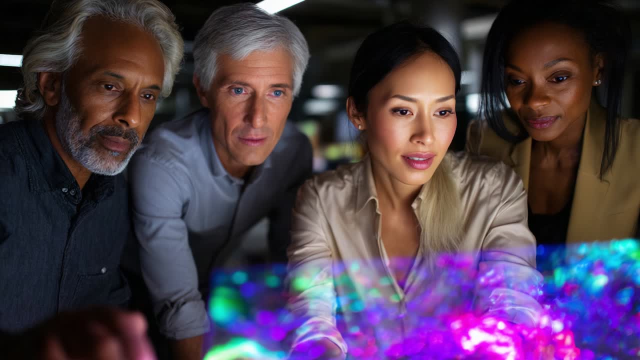 A diverse group of professionals studying a vibrant, illuminated screen, engaging deeply with data visualization and collaborative analysis in a modern workspace, showcasing teamwork and innovation