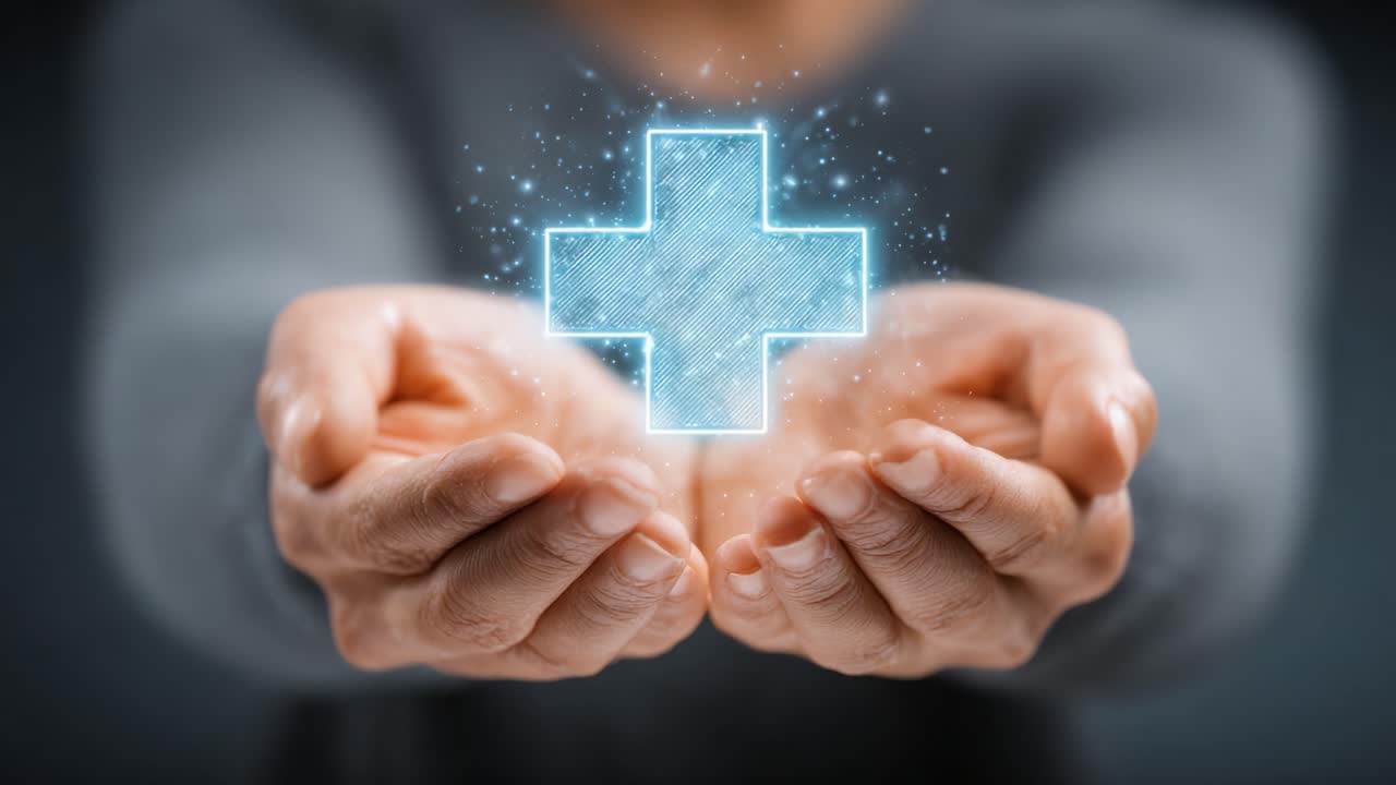 Una persona che presenta un simbolo di salute luminoso con le mani, enfatizzando la cura e il benessere attraverso la rappresentazione digitale di una croce medica
