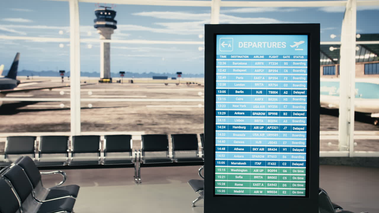 Sala partenze vuota dell'aeroporto con schermo digitale che visualizza le informazioni sui voli