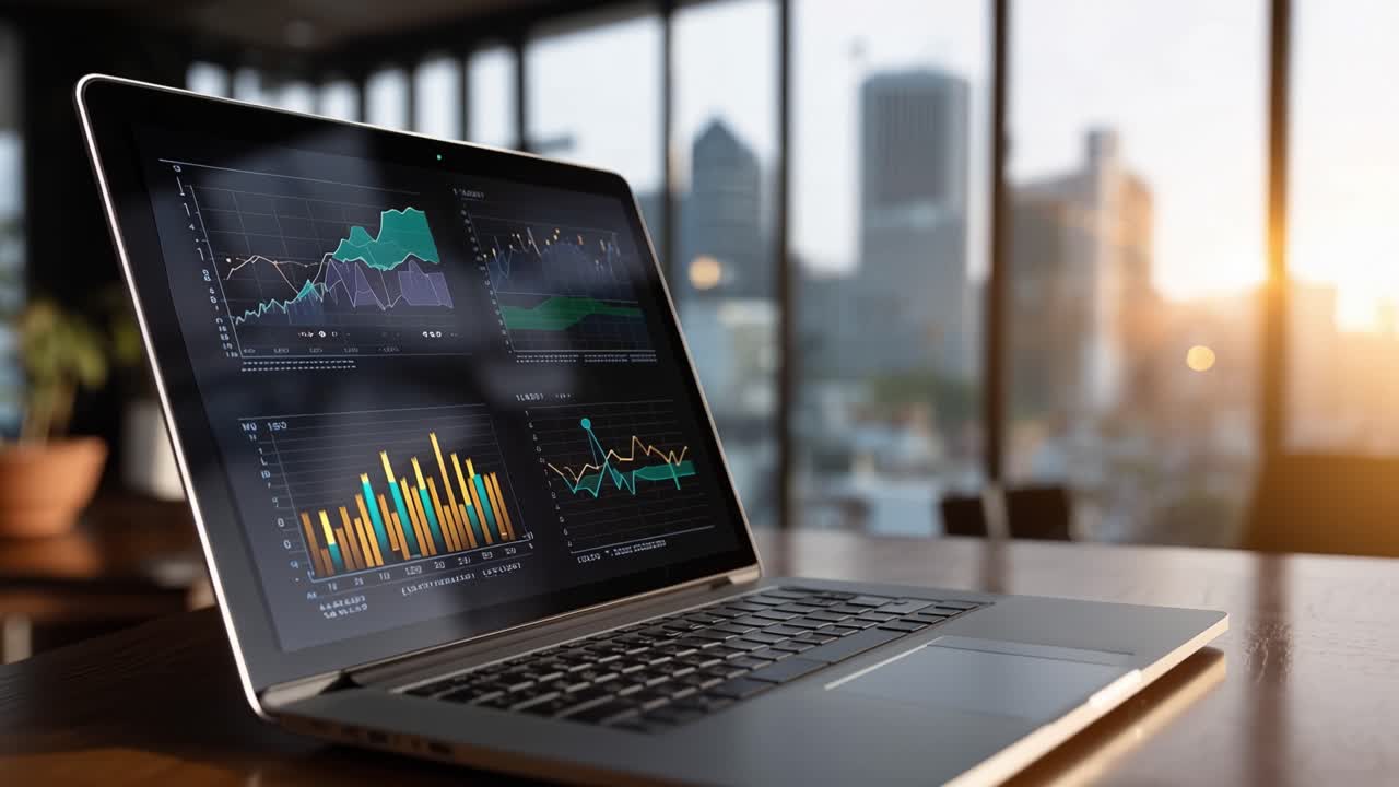 Analyserer datavisualiseringer på en laptop på et moderne kontor under solnedgangen, og viser økonomiske nøkkeltall og trendanalyse for forretningsinnsikt.