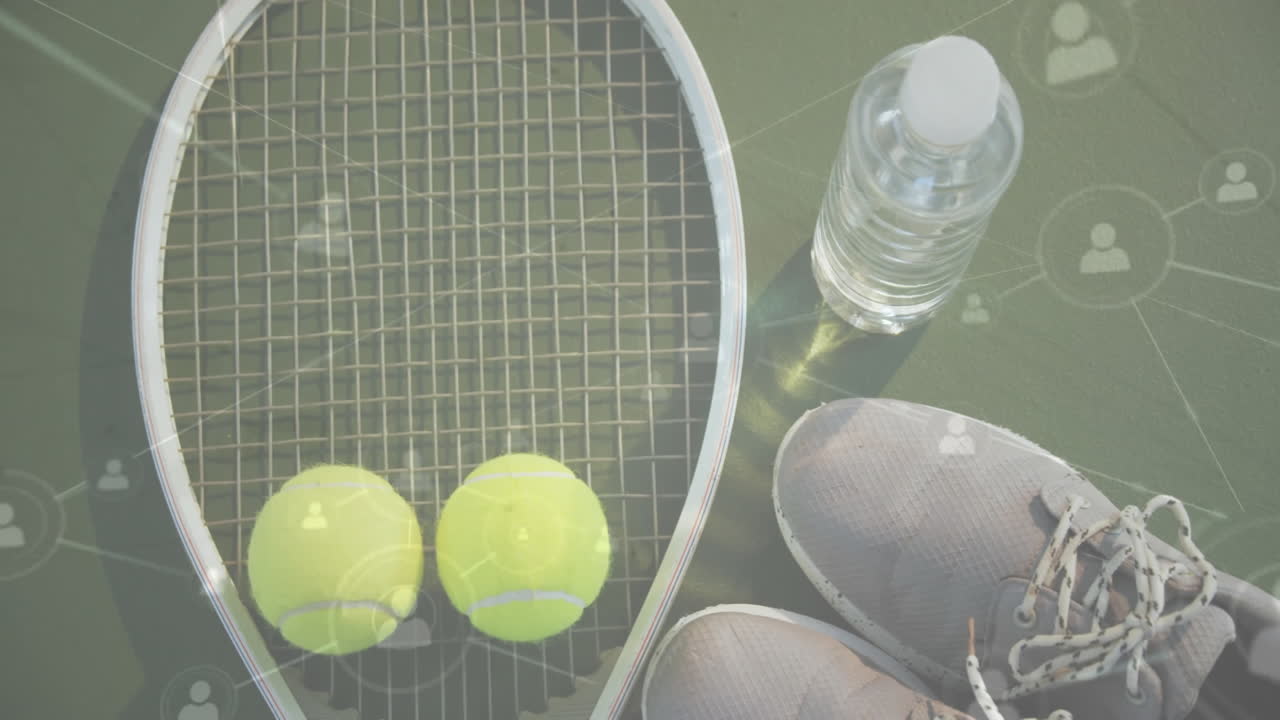 Tennis racket, balls, bottle and shoes lying on green court, showing network overlay graphic