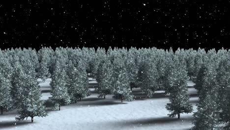 Animation-of-glowing-spots-of-light-over-fir-trees-in-winter-countryside-scenery