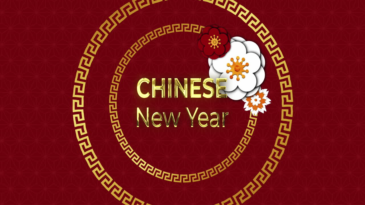 Hoạt ảnh chữ chúc mừng năm mới và các vật trang trí truyền thống Trung Quốc trên nền đỏ.