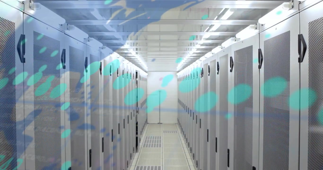 Data processing animation over server racks in data center, visualizing data flow
