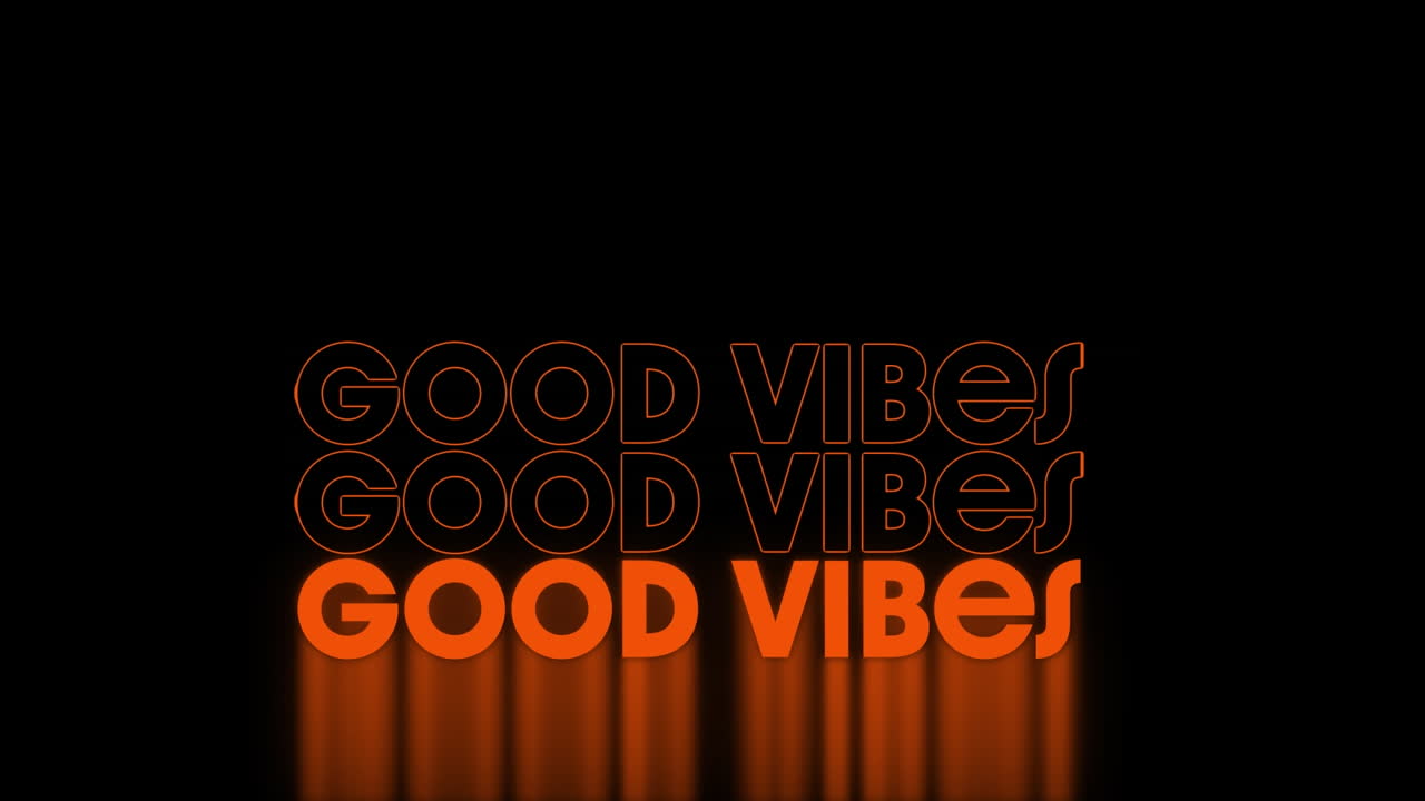 animación de buen texto de vibraciones sobre fondo naranja y negro.