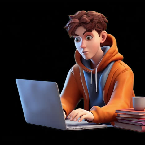 focused student using laptop animation isolated asset, transparent 4k video, alpha channel, prores