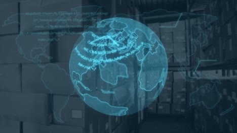 Animation-of-data,-globe-with-world-map-against-cardboard-boxes-in-distribution-warehouse