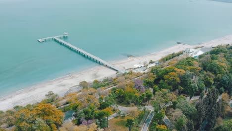 Aerial-view-over-the-bridge-on-Black-sea-coast-in-Burgas,-Bulgaria