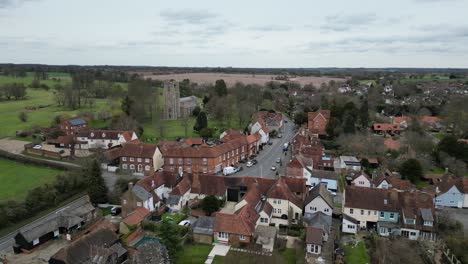 Hatfield-Broad-Oak-village-Essex-UK-pull-back-Drone,-Aerial-reveal