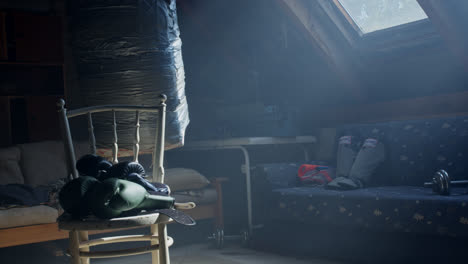boxing equipment in an attic home gym