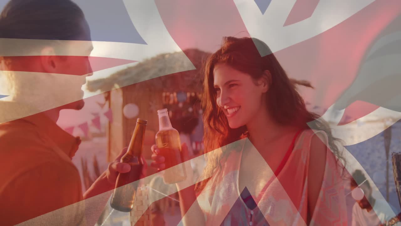 영국 국기 위의 해변에서 다양한 친구들의 애니메이션