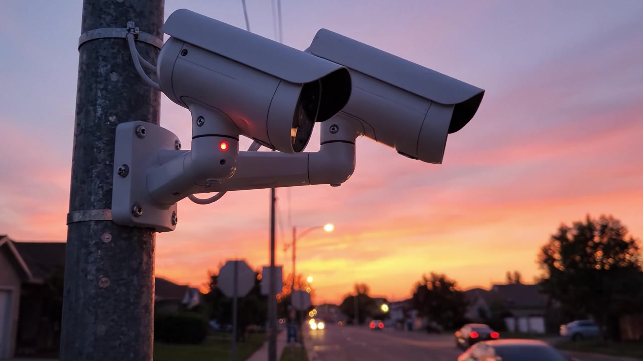 Telecamere di Sorveglianza al Tramonto: Protezione degli Spazi Urbani con Tecnologia Avanzata Contro il Crimine, Offrendo Tranquillità nei Quartieri
